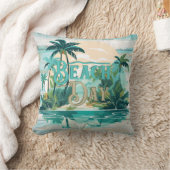 ビーチデイティール(緑がかった色)ベージュパームツリーズビーチ沿岸 クッション (ブランケット)