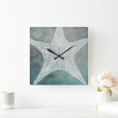 ビーチデコーインディゴティール（緑がかった色）ブルーウォーターカラーヒトデ スクエア壁時計 (ホーム)