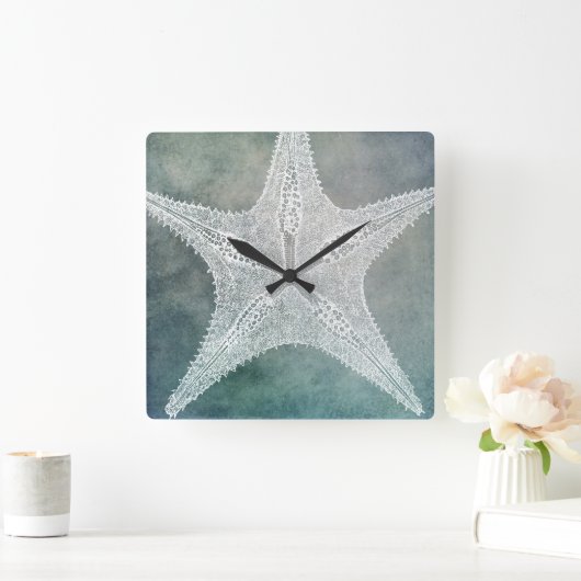 ビーチデコーインディゴティール（緑がかった色）ブルーウォーターカラーヒトデ スクエア壁時計 (ホーム)