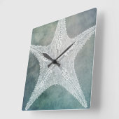 ビーチデコーインディゴティール（緑がかった色）ブルーウォーターカラーヒトデ スクエア壁時計 (傾斜)