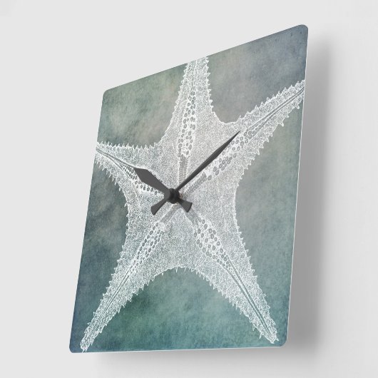 ビーチデコーインディゴティール（緑がかった色）ブルーウォーターカラーヒトデ スクエア壁時計 (傾斜)