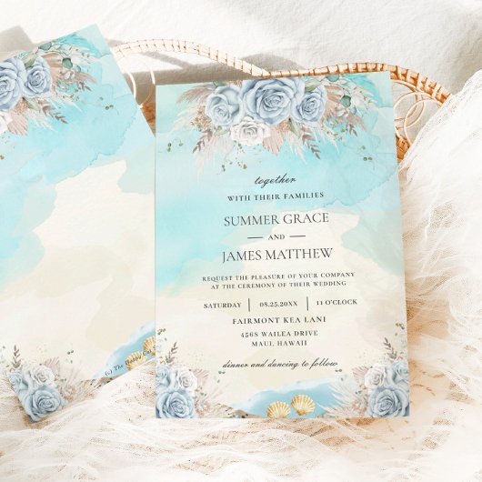 ビーチデスティネーションウェディングパンパスグラスブルーフローラ 招待状