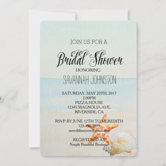 ビーチトロピカルとヒトデブライダルシャワー 招待状 (正面)