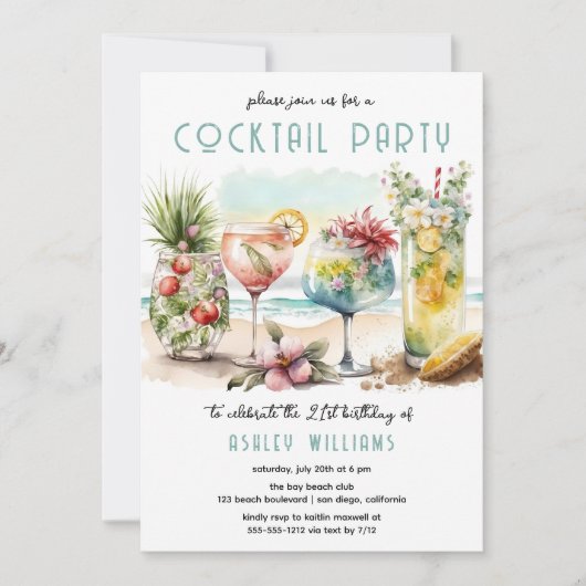 ビーチトロピカルカクテル21歳の誕生日パーティー 招待状 (正面)