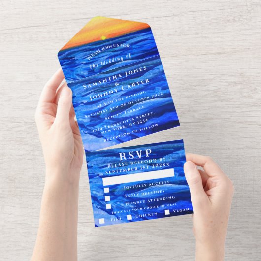 ビーチトロピカルサンセットデスティネーション海波 オールインワン招待状 (貼ってはがせる)