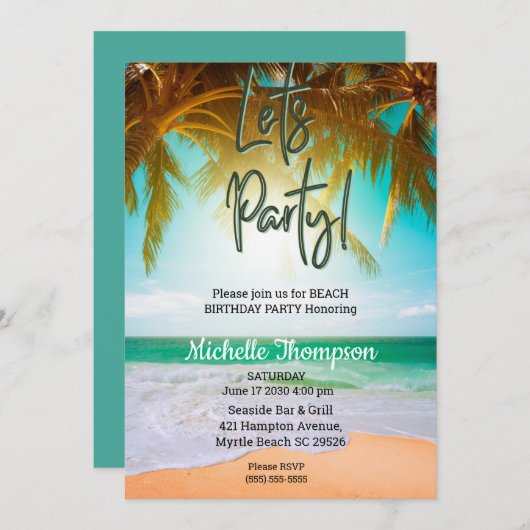 ビーチトロピカルシーンパーティー誕生祝い 招待状 (正面/裏面)