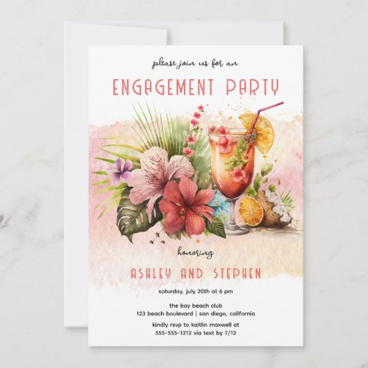 ビーチトロピカルテーマのカクテル婚約パーティ 招待状 (正面)