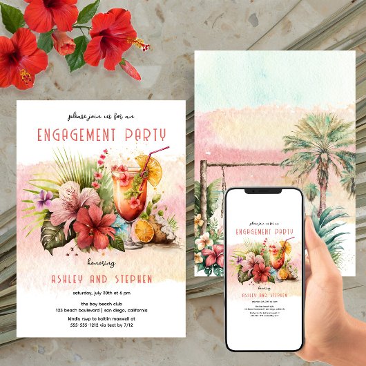 ビーチトロピカルテーマのカクテル婚約パーティ 招待状