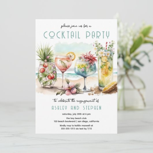 ビーチトロピカルテーマのカクテル婚約パーティ 招待状 (スタンド正面)
