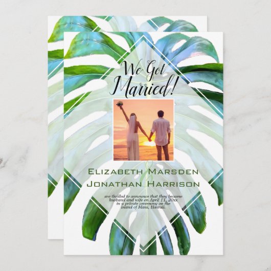 ビーチトロピカルハワイリーフたった今結婚しました エレガント 招待状 (正面/裏面)