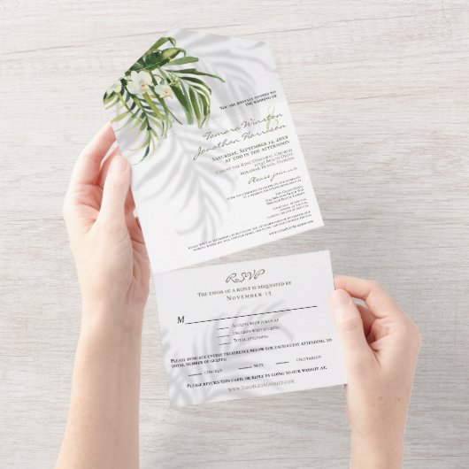 ビーチトロピカルパームスシャドウRSVPトリフォールド オールインワン招待状 (貼ってはがせる)