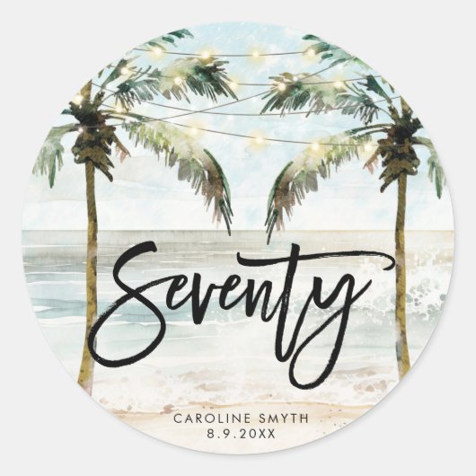 ビーチトロピカルパームズ70th誕生日ステッカー ラウンドシール (正面)