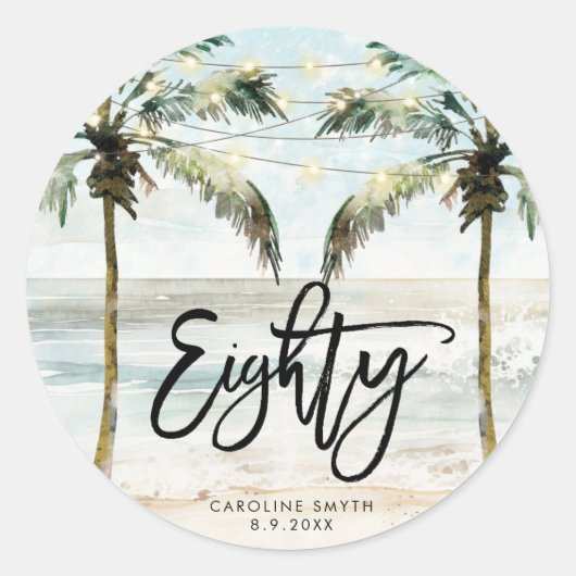 ビーチトロピカルパームズ80th誕生日ステッカー ラウンドシール (正面)