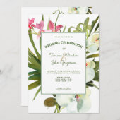 ビーチトロピカルピンクフローラホワイトオーキズグリーン 招待状 (正面/裏面)