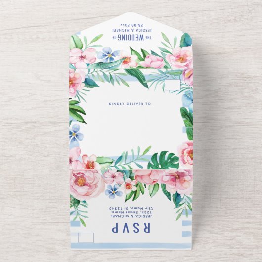 ビーチトロピカルフラワーサマーウォーターカラーウェディング オールインワン招待状 (外側)