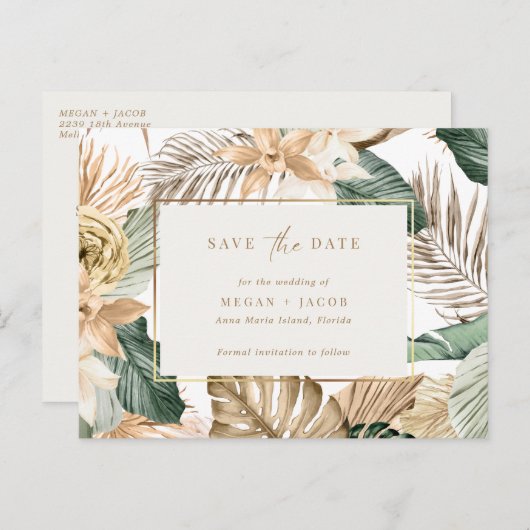 ビーチトロピカルリーフウェディング日付を保存 案内ポストカード (正面/裏面)