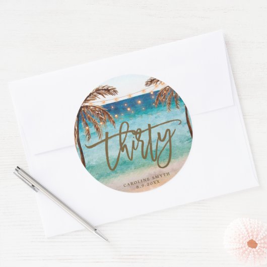 ビーチトロピカル30th誕生日ステッカー ラウンドシール (封筒)