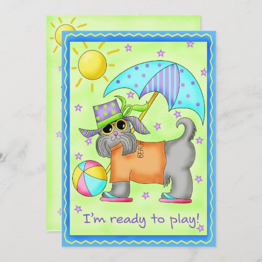 ビーチドッグウィムシーアートグリーンブルー 招待状 (正面/裏面)