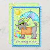 ビーチドッグ ワンシ― アート 緑 青 招待状 (正面/裏面)