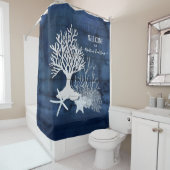 ビーチネイビーホワイトウェルカムウォーターカラーコーラルヒトデ シャワーカーテン (インサイチュ)