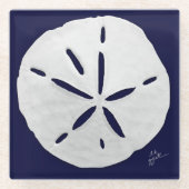 ビーチネイビーホワイトサンドドルコースタルグラス ガラスコースター (正面)