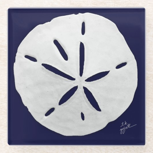 ビーチネイビーホワイトサンドドルコースタルグラス ガラスコースター (正面)