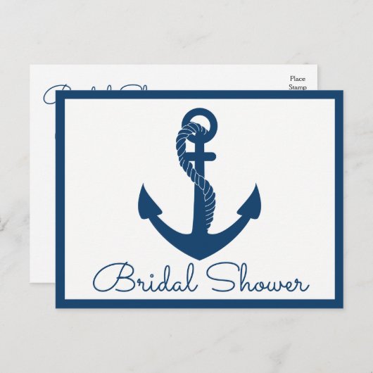 ビーチネービーブルーいかり航海のブライダルシャワー インビテーションポストカード (正面/裏面)