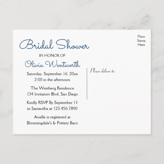 ビーチネービーブルーいかり航海のブライダルシャワー インビテーションポストカード (裏面)