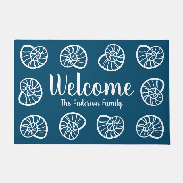 ビーチハイコースタルホワイトシーシェル&ネイビーブルー ドアマット (正面)