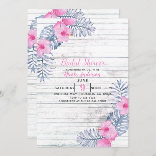 ビーチハイホワイトウッドトロピカルハイビスカスフラワーズフローラ 招待状 (正面/裏面)