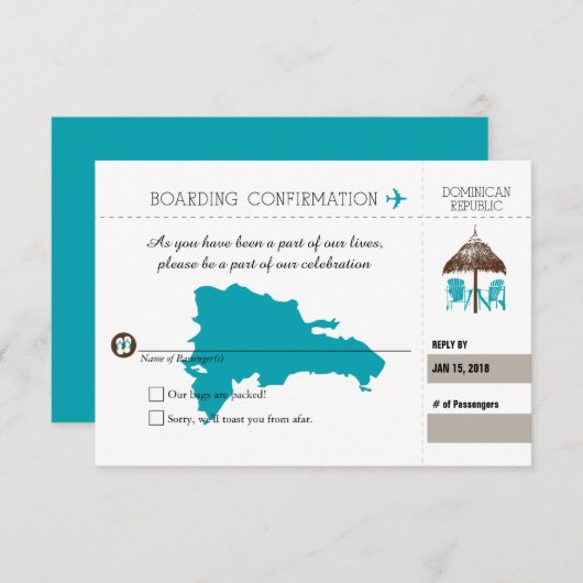 ビーチハウスとチェアー 出席案内 ドミニカ共和国 ティール 出欠カード (正面/裏面)