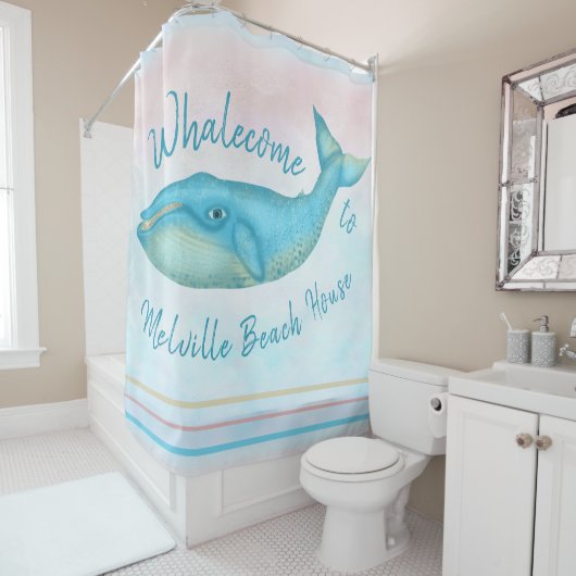 ビーチハウスのシロナガスクジラの航海のなWhalecome |の名前 シャワーカーテン (インサイチュ)