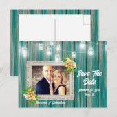 ビーチハウスのストリングライトのあるカントリー調の青い木の chic 案内ポストカード (正面/裏面)