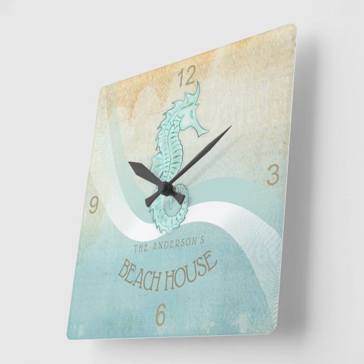 ビーチハウスのタツノオトシゴの水青いID623 スクエア壁時計 (傾斜)