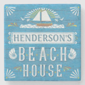 ビーチハウスの沿岸航海のなヨットの名前をカスタムする ストーンコースター (正面)