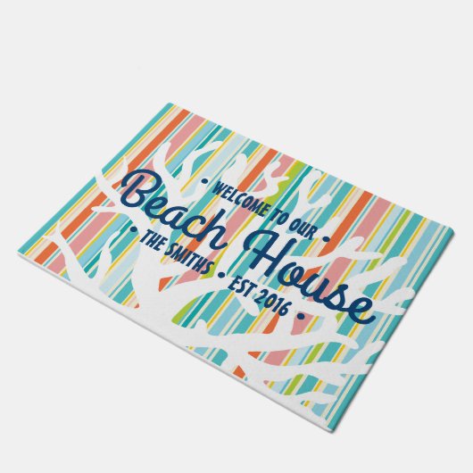 ビーチハウスの珊瑚のストライプなドア・マット ドアマット (アングル)