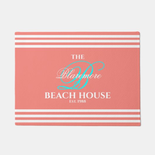 ビーチハウスの珊瑚の白のストライプの水色のイニシャル ドアマット (正面)