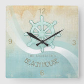 ビーチハウスの航海のなボートの舵輪の水青いID623 スクエア壁時計 (正面)