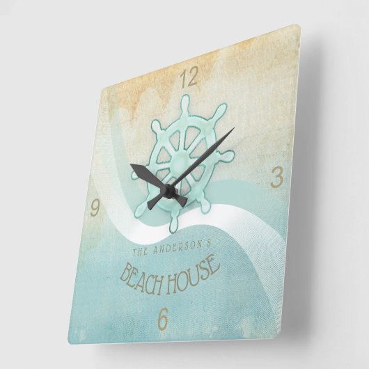 ビーチハウスの航海のなボートの舵輪の水青いID623 スクエア壁時計 (傾斜)