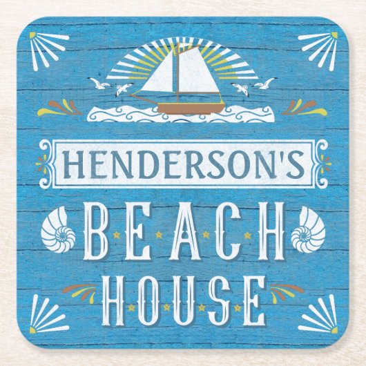 ビーチハウスの航海のなヨットの貝殻あなたの名前 スクエアペーパーコースター (正面)