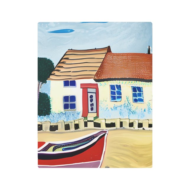 ビーチハウスアンドボートオンサンディビーチ メタルプリント (正面)