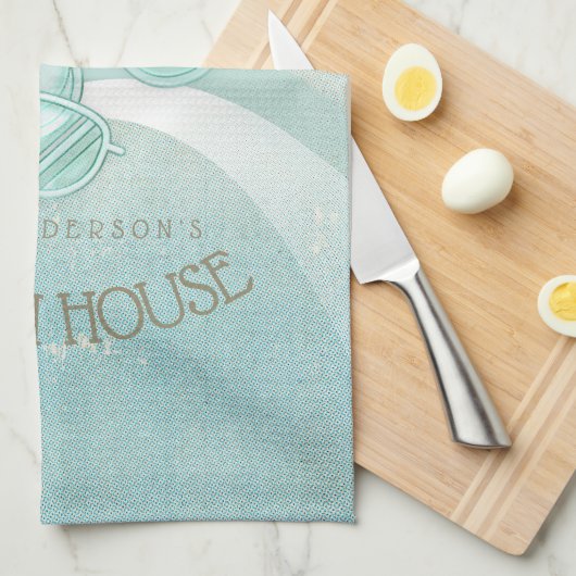 ビーチハウスサングラスとビーチサンダルアクアID623 キッチンタオル (四つ折り)