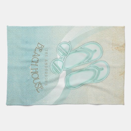 ビーチハウスサングラスとビーチサンダルアクアID623 キッチンタオル (横)