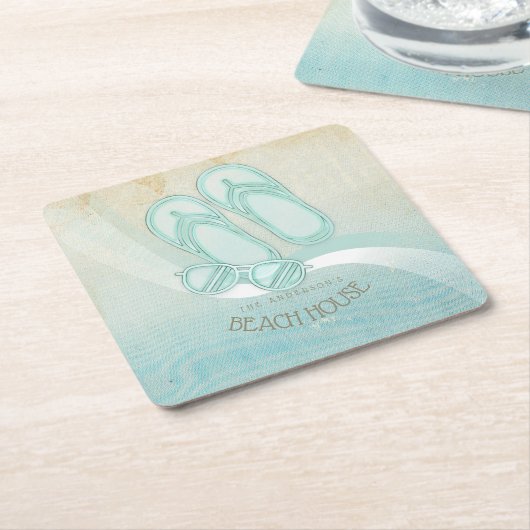 ビーチハウスサングラスとビーチサンダルアクアID623 スクエアペーパーコースター (アングル)