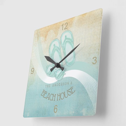 ビーチハウスサングラスとビーチサンダルアクアID623 スクエア壁時計 (傾斜)
