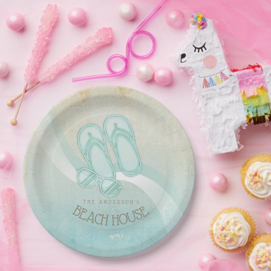 ビーチハウスサングラスとビーチサンダルアクアID623 ペーパープレート (パーティー)