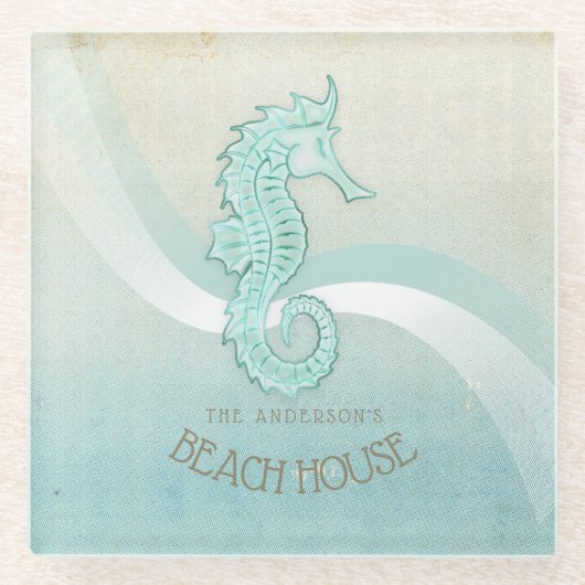 ビーチハウスシーホースアクアブルーID623 ガラスコースター (正面)