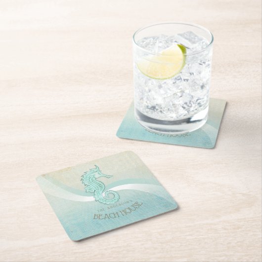 ビーチハウスシーホースアクアブルーID623 スクエアペーパーコースター (インサイチュ)