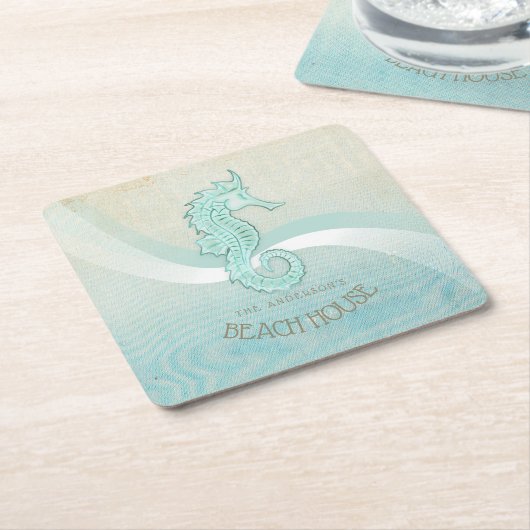 ビーチハウスシーホースアクアブルーID623 スクエアペーパーコースター (アングル)