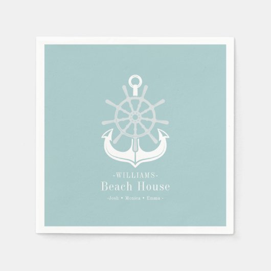 ビーチハウスティール(緑がかった色)ファミリーネームいかり スタンダードカクテルナプキン (正面)